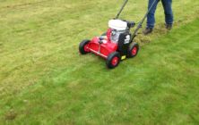 Scarifying a moss infested lawn before over-seeding and applying fertiliser.